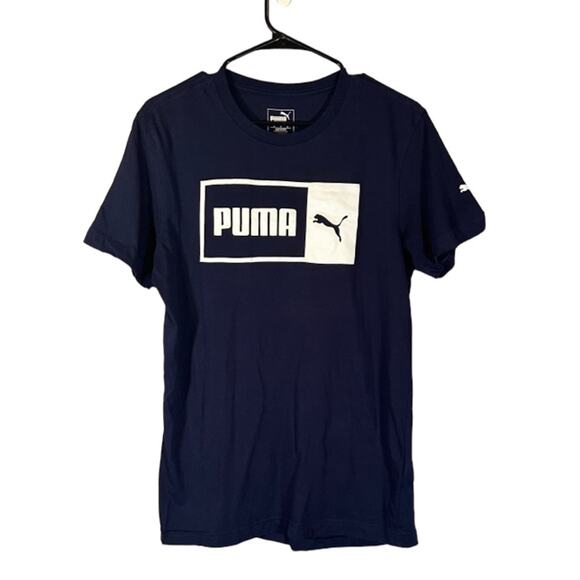 Puma Navy Blue Square Front Logo Short Sleeve Casual T-Shirt Men Sz S - Picture 1 of 6